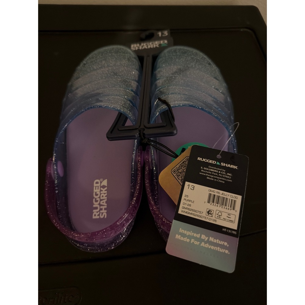 Rugged Shark Kids Jelly Clog Purple Blue Glitter Ombre Slip On Shoes Size 13 NEW